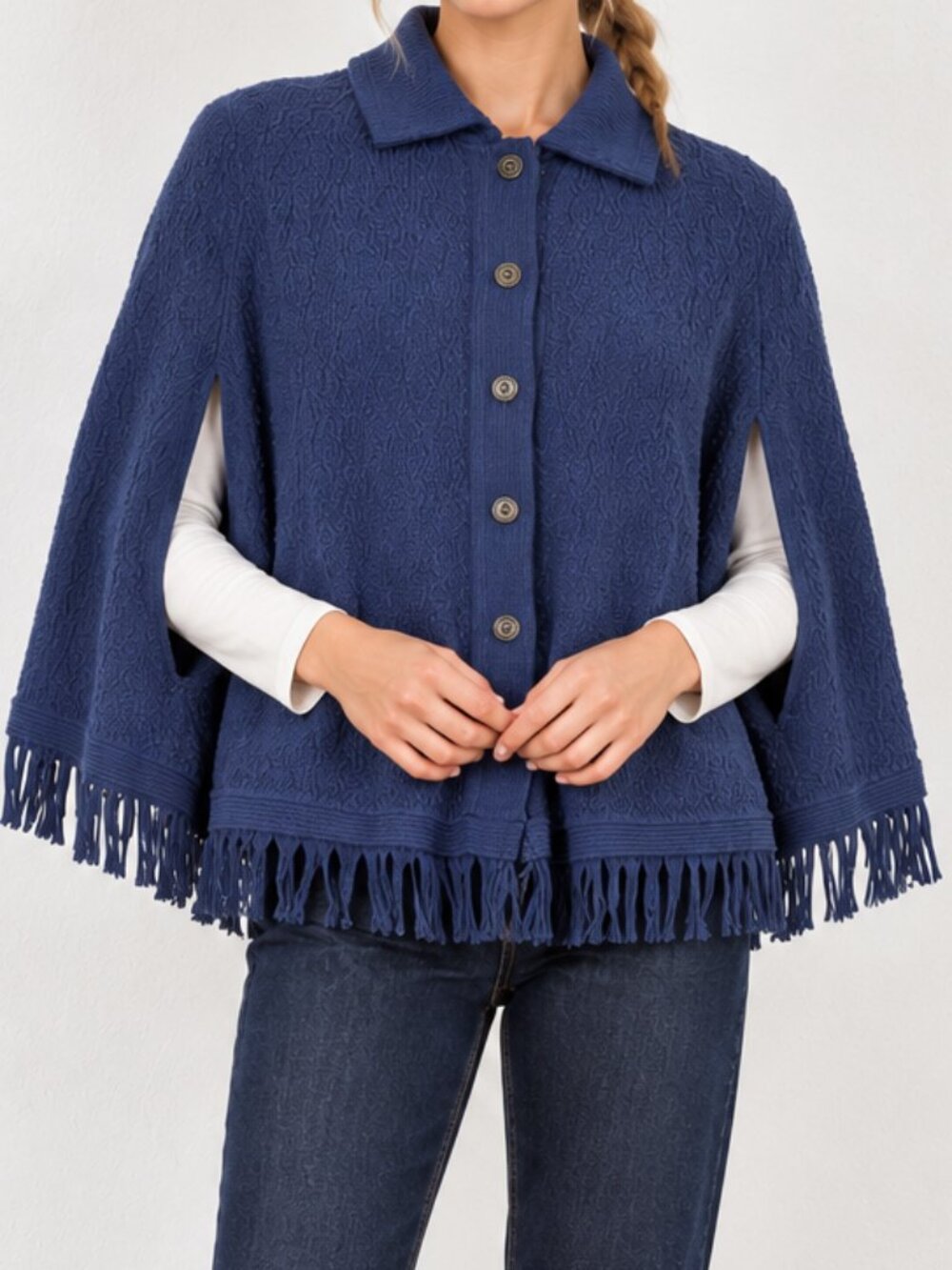 Anthony Richards Cape, Womens Fringe Knit Button Front O/S